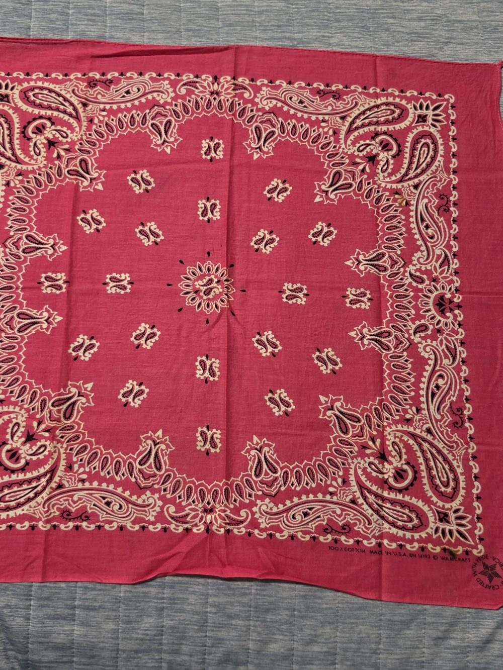 “Vintage 1980s Wamcraft Red Rose Paisley Bandana 100% Cotton Made USA RN 14193.”